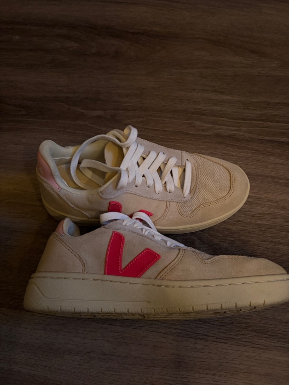 Veja Beige Suede Sneakers with Pink V Logo
